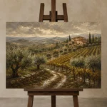 Deep Olive & Ochre Tuscan Landscape Wall Art Canvas Print displayed on a studio easel