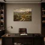 Deep Olive & Ochre Tuscan Landscape Wall Art Canvas Print displayed in a contemporary gallery-inspired room