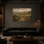 Deep Olive & Ochre Tuscan Landscape Wall Art Canvas Print shown in a warm modern interior