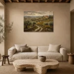 Deep Olive & Ochre Tuscan Landscape Wall Art Canvas Print presented in a sophisticated home setting