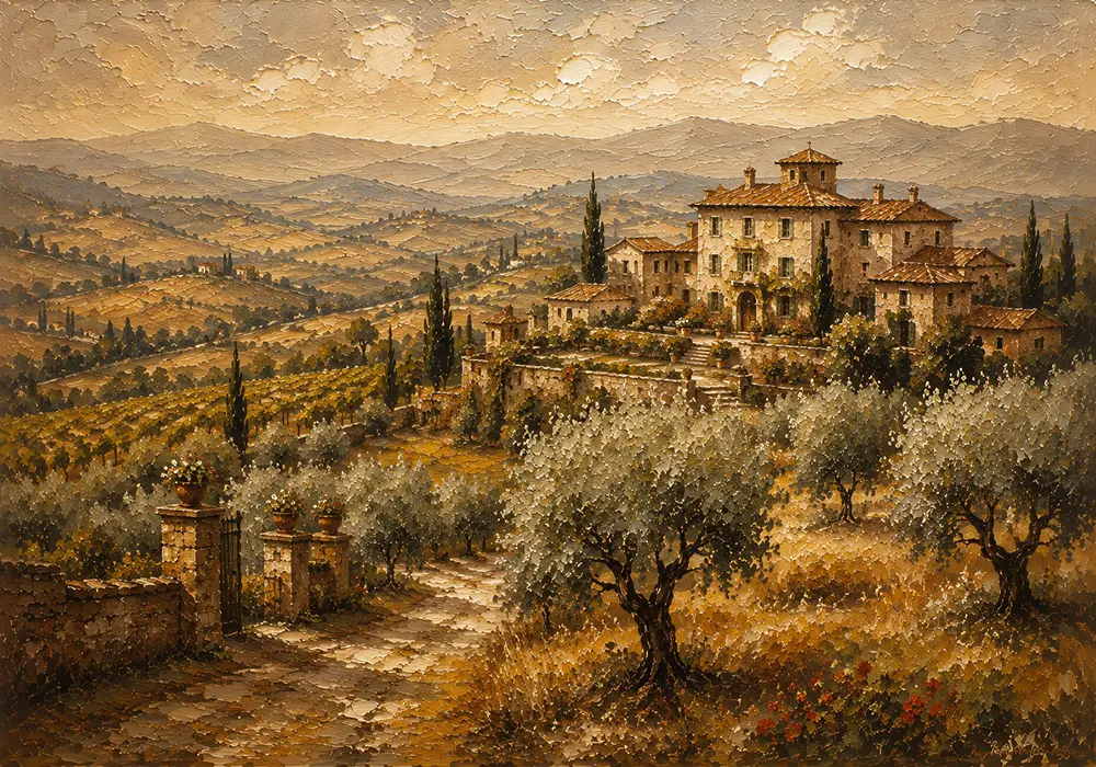 Golden Ochre Estate Tuscan Landscape Wall Art Canvas Print