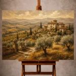 Golden ochre and olive Tuscan Landscape Wall Art print for elegant interiors. No text or watermarks in design.