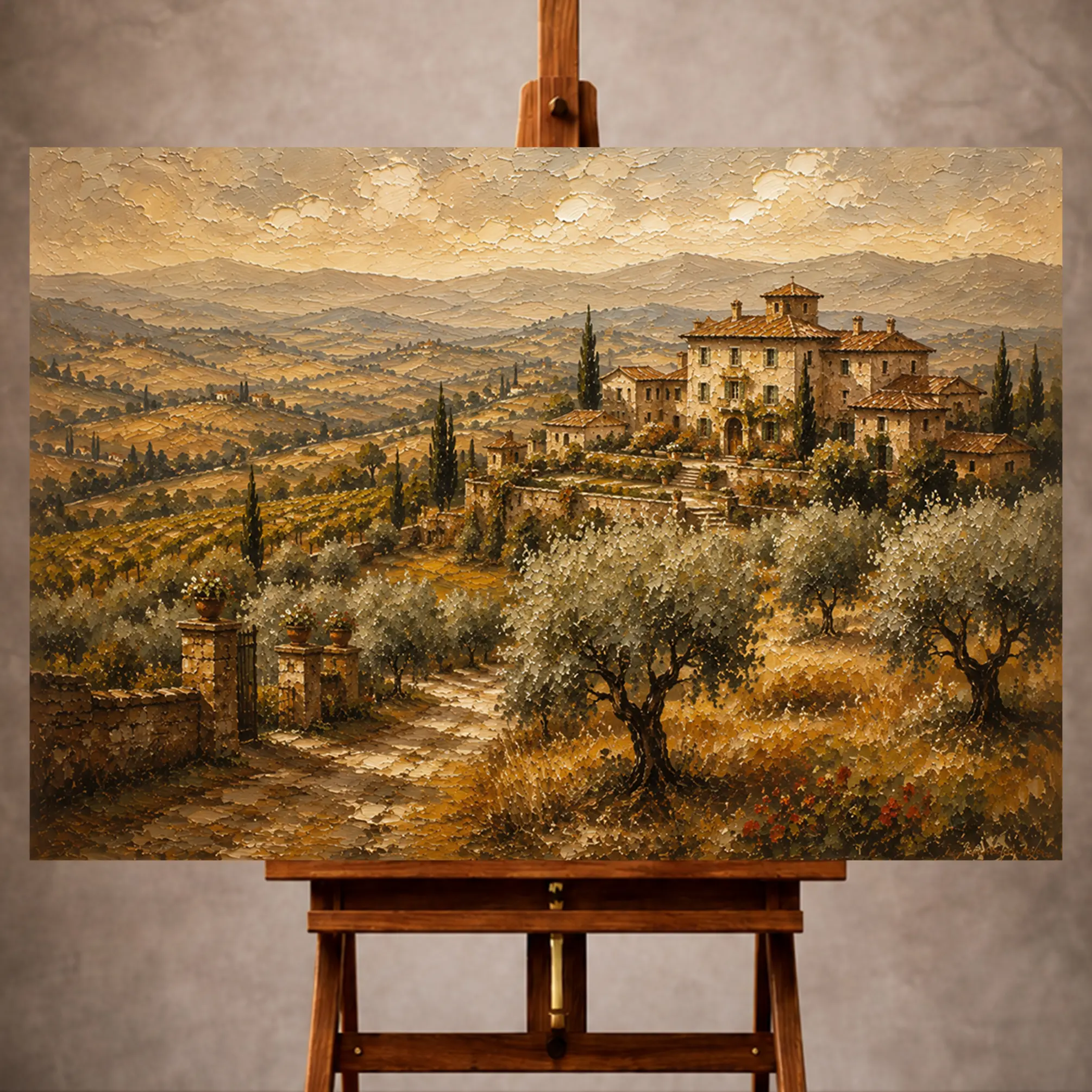 Premium Wall Art Yatay Html Edition – LANDSCPE014 Image 1 Golden ochre and olive Tuscan Landscape Wall Art print for elegant interiors. No text or watermarks in design.