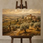 Golden Ochre Estate Tuscan Landscape Wall Art Canvas Print displayed on a studio easel