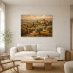 Golden Ochre Estate Tuscan Landscape Wall Art Canvas Print styled in a refined neutral interior