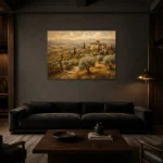 Golden Ochre Estate Tuscan Landscape Wall Art Canvas Print shown in a warm modern interior