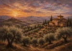 Dusky Olive Twilight Tuscan Landscape Wall Art Canvas Print