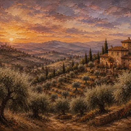Dusky Olive Twilight Tuscan Landscape Wall Art Canvas Print