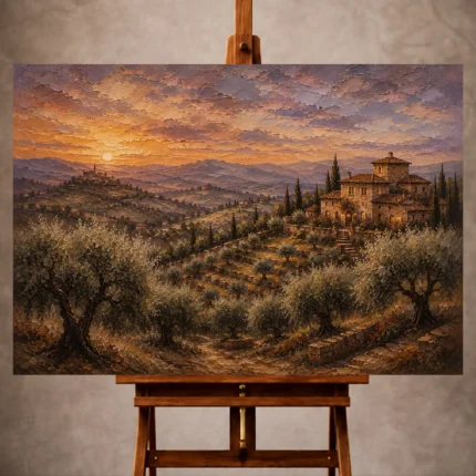 Dusky olive twilight Tuscan Landscape Wall Art print for elegant interiors. No text or watermarks in design.
