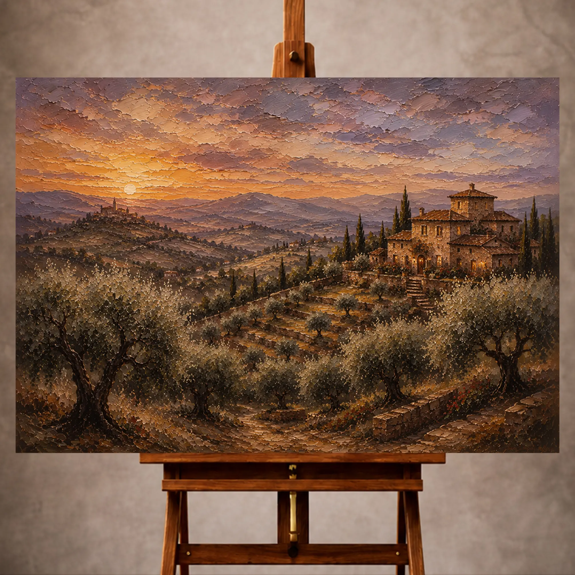 Premium Wall Art Yatay Html Edition – LANDSCPE015 Image 1 Dusky olive twilight Tuscan Landscape Wall Art print for elegant interiors. No text or watermarks in design.