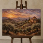 Dusky Olive Twilight Tuscan Landscape Wall Art Canvas Print displayed on a studio easel