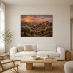 Dusky Olive Twilight Tuscan Landscape Wall Art Canvas Print styled in a refined neutral interior