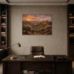 Dusky Olive Twilight Tuscan Landscape Wall Art Canvas Print displayed in a contemporary gallery-inspired room