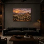 Dusky Olive Twilight Tuscan Landscape Wall Art Canvas Print shown in a warm modern interior