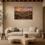Dusky Olive Twilight Tuscan Landscape Wall Art Canvas Print presented in a sophisticated home setting