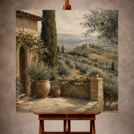 Warm Mediterranean Landscape Wall Art print featuring a Tuscan villa courtyard overlooking rolling hills and silver olive groves for elegant interiors