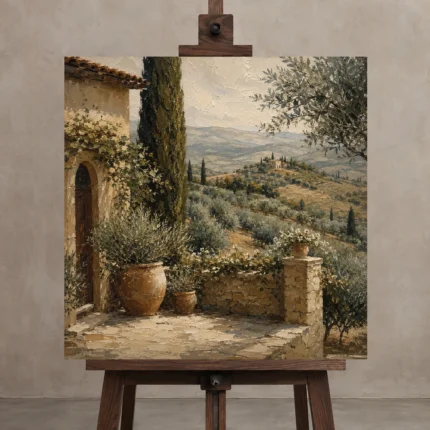 Mediterranean Tuscan Landscape Wall Art Canvas Print displayed on a studio easel