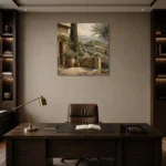 Mediterranean Tuscan Landscape Wall Art Canvas Print displayed in a contemporary gallery-inspired room