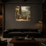 Mediterranean Tuscan Landscape Wall Art Canvas Print shown in a warm modern interior