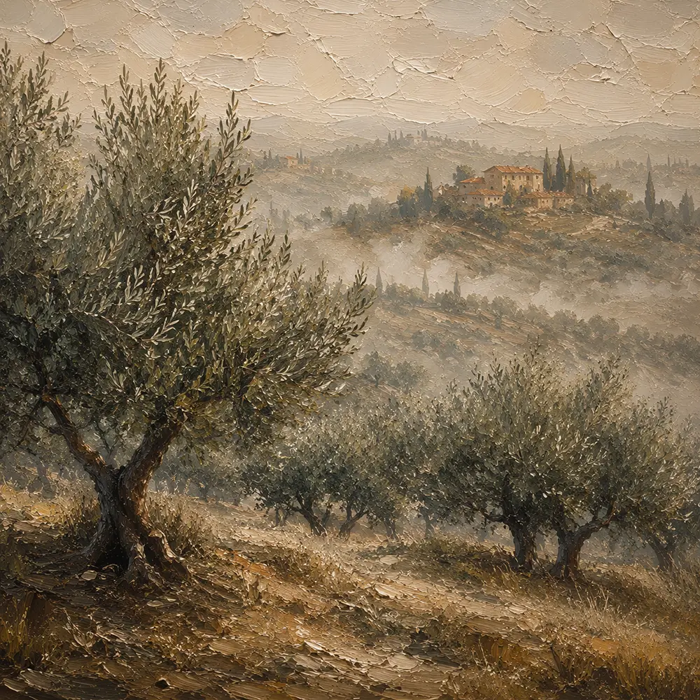 Misty Tuscan Olive Grove Landscape Wall Art Canvas Print