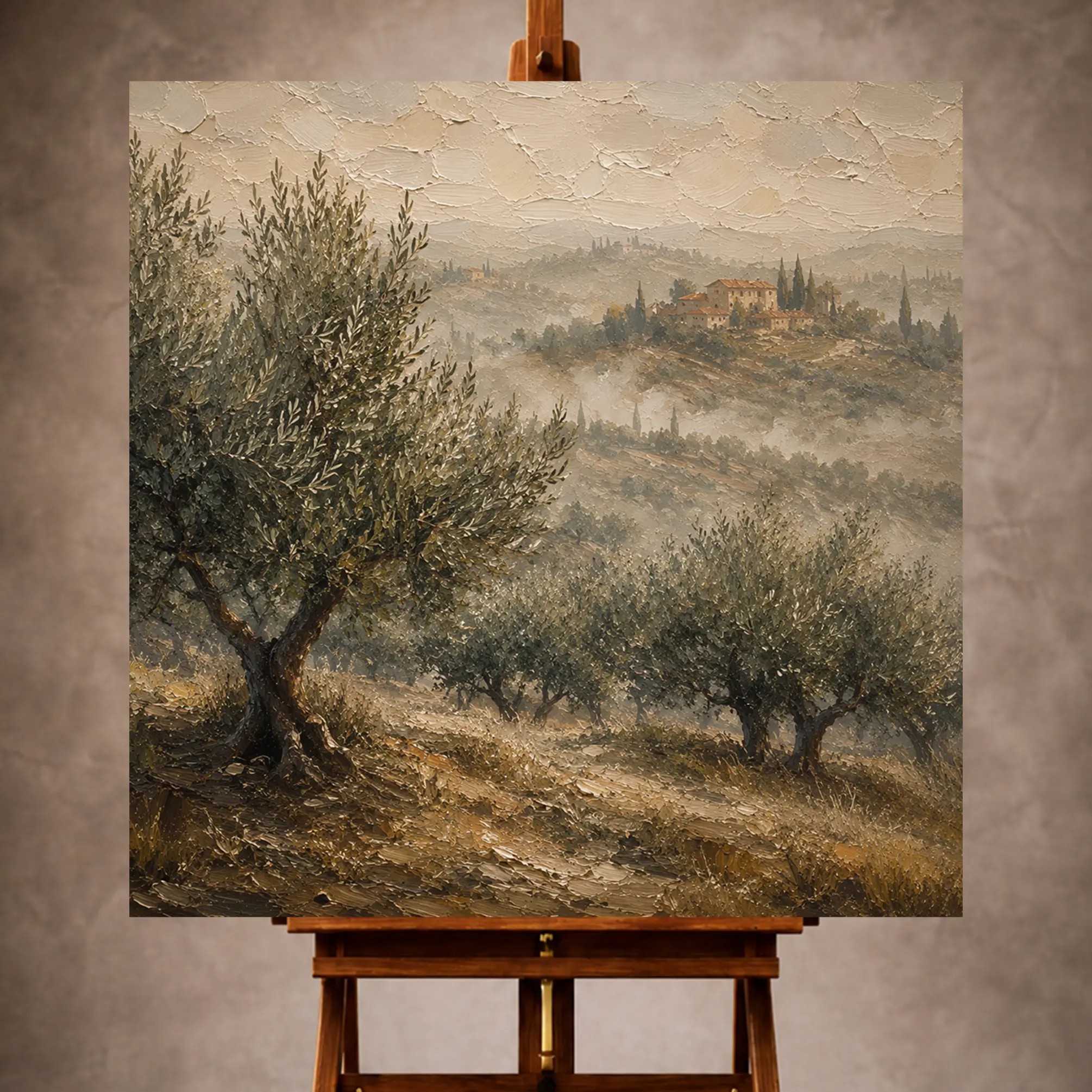 Premium Wall Art Kare Html Edition – LANDSCPE017 Image 1 Peaceful Landscape Wall Art print featuring a misty Tuscan olive grove with distant terracotta rooftops and rolling hills for elegant interiors