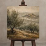 Misty Tuscan Olive Grove Landscape Wall Art Canvas Print displayed on a studio easel