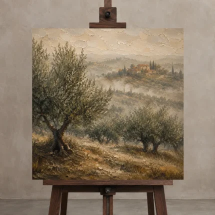 Misty Tuscan Olive Grove Landscape Wall Art Canvas Print displayed on a studio easel
