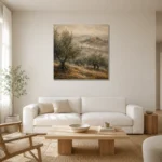 Misty Tuscan Olive Grove Landscape Wall Art Canvas Print styled in a refined neutral interior