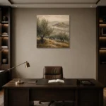 Misty Tuscan Olive Grove Landscape Wall Art Canvas Print displayed in a contemporary gallery-inspired room
