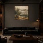 Misty Tuscan Olive Grove Landscape Wall Art Canvas Print shown in a warm modern interior