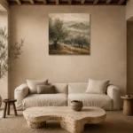 Misty Tuscan Olive Grove Landscape Wall Art Canvas Print presented in a sophisticated home setting