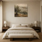 Misty Tuscan Olive Grove Landscape Wall Art Canvas Print showcased in an elegant minimalist interior