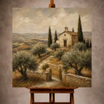 Warm Mediterranean Landscape Wall Art print featuring a hilltop Tuscan chapel surrounded by olive trees and rolling ochre fields for elegant interiors