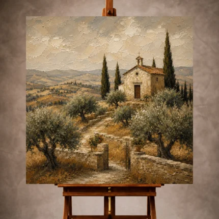 Warm Mediterranean Landscape Wall Art print featuring a hilltop Tuscan chapel surrounded by olive trees and rolling ochre fields for elegant interiors