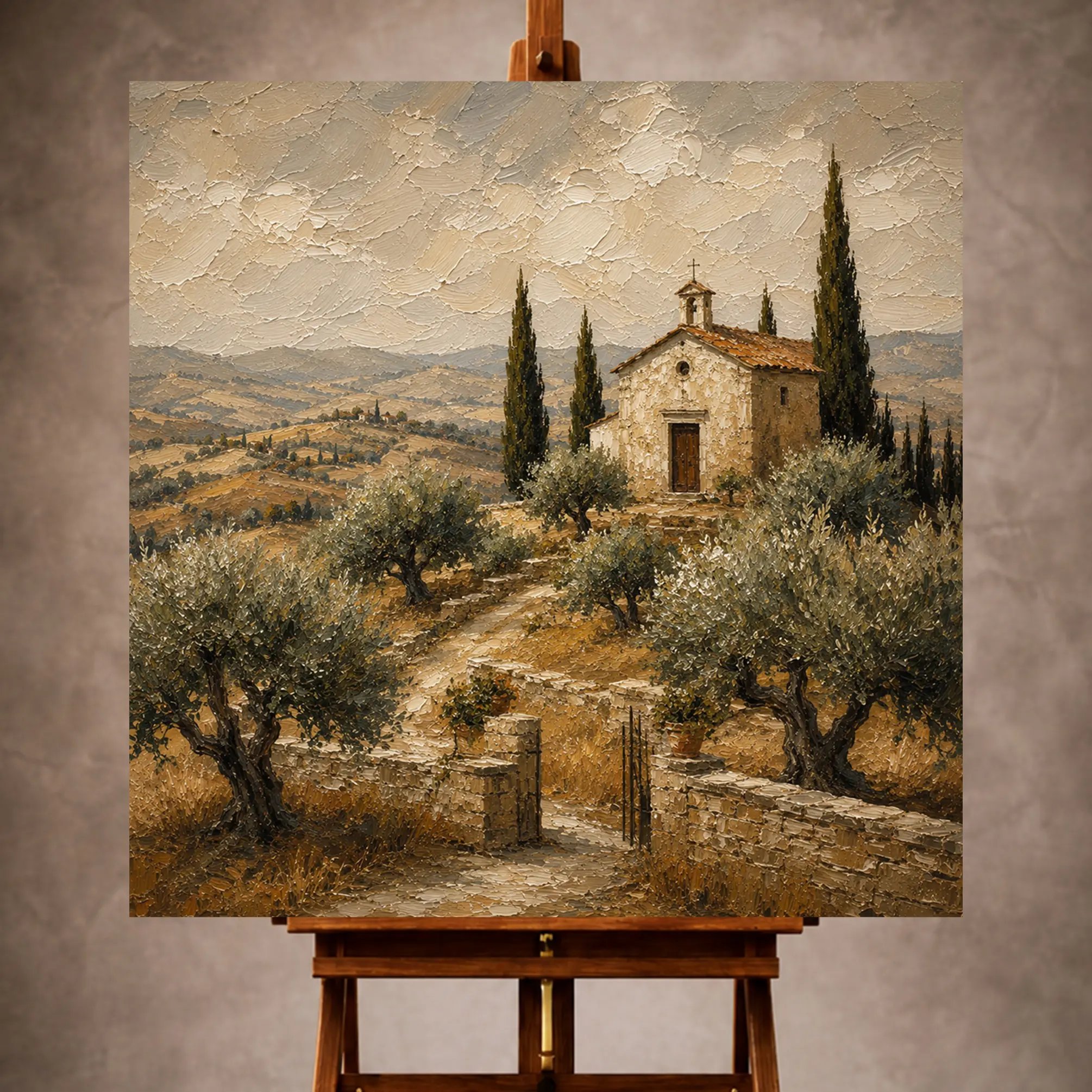 Premium Wall Art Kare Html Edition – LANDSCPE018 Image 1 Warm Mediterranean Landscape Wall Art print featuring a hilltop Tuscan chapel surrounded by olive trees and rolling ochre fields for elegant interiors