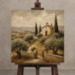 Rustic Tuscan Chapel Landscape Wall Art Canvas Print displayed on a studio easel
