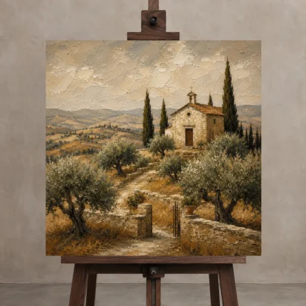 Rustic Tuscan Chapel Landscape Wall Art Canvas Print displayed on a studio easel