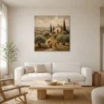 Rustic Tuscan Chapel Landscape Wall Art Canvas Print styled in a refined neutral interior