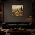 Rustic Tuscan Chapel Landscape Wall Art Canvas Print shown in a warm modern interior