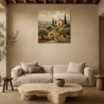 Rustic Tuscan Chapel Landscape Wall Art Canvas Print presented in a sophisticated home setting