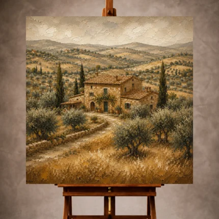 Warm Mediterranean Landscape Wall Art print featuring a rustic Tuscan farmhouse surrounded by golden fields, olive groves, and rolling hills for elegant interiors