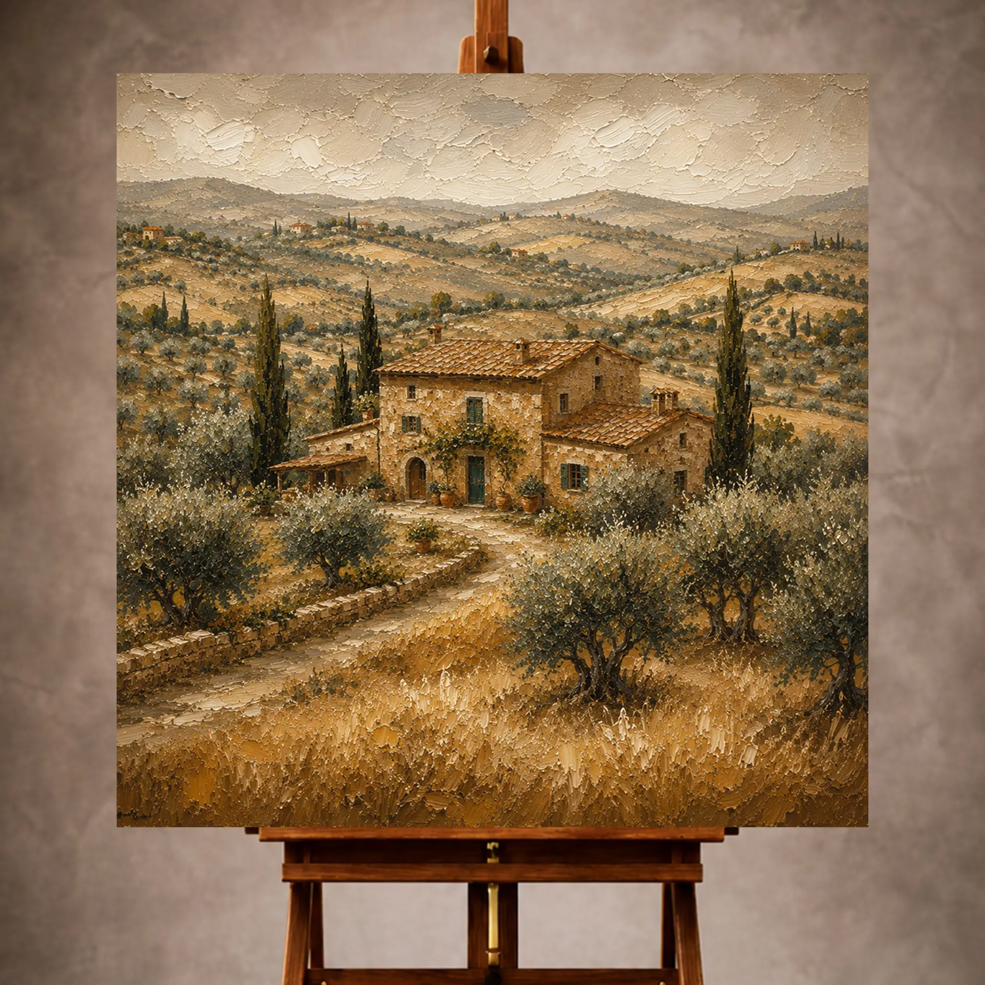 Premium Wall Art Kare Html Edition – LANDSCPE019 Image 1 Warm Mediterranean Landscape Wall Art print featuring a rustic Tuscan farmhouse surrounded by golden fields, olive groves, and rolling hills for elegant interiors