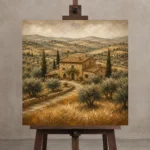 Golden Tuscan Farmhouse Landscape Wall Art Canvas Print displayed on a studio easel