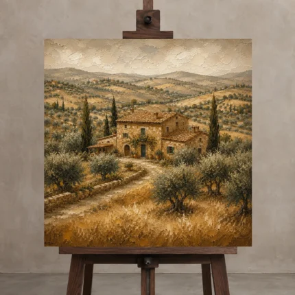 Golden Tuscan Farmhouse Landscape Wall Art Canvas Print shown in Studio Easel