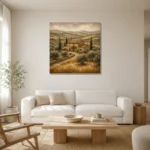 Golden Tuscan Farmhouse Landscape Wall Art Canvas Print styled in a refined neutral interior