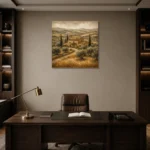 Golden Tuscan Farmhouse Landscape Wall Art Canvas Print displayed in a contemporary gallery-inspired room