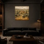 Golden Tuscan Farmhouse Landscape Wall Art Canvas Print shown in a warm modern interior