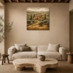 Golden Tuscan Farmhouse Landscape Wall Art Canvas Print presented in a sophisticated home setting