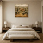 Golden Tuscan Farmhouse Landscape Wall Art Canvas Print showcased in an elegant minimalist interior
