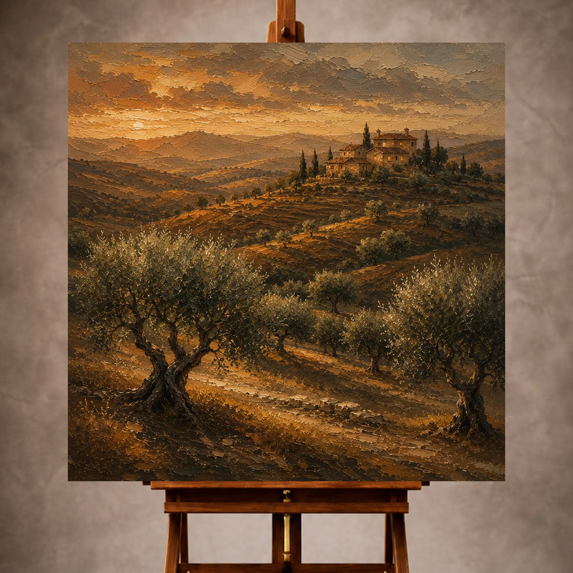 Premium Wall Art Kare Html Edition – LANDSCPE020 Image 1 Romantic Mediterranean Landscape Wall Art print featuring rolling Tuscan hills, olive trees, and a softly glowing villa at sunset for elegant interiors